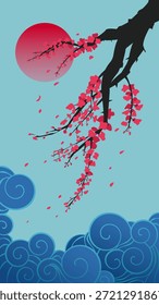 Primavera japonesa, rama de Sakura poniendo sol y estilizadas nubes azules