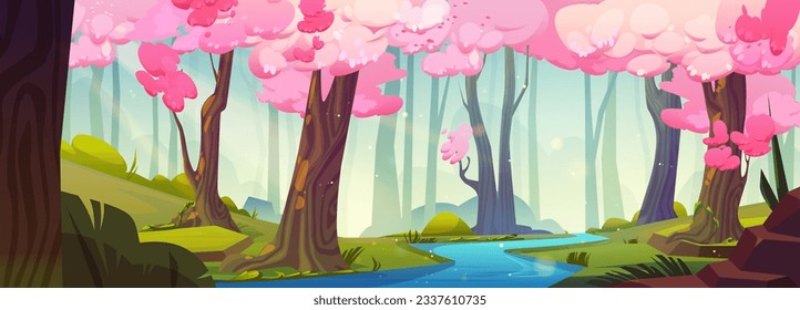 Japanese spring sakura forest park with river cartoon illustration. Cherry blossom garden and stream water vector landscape background. Empty game magic location environment with sunshine scenery