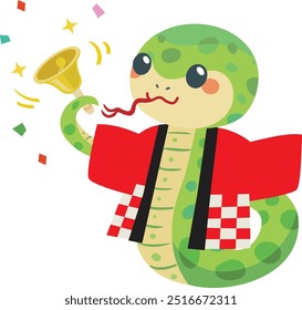 Japanese staff of the cute snake with hand bell at a sale. Illustration of New year sale.