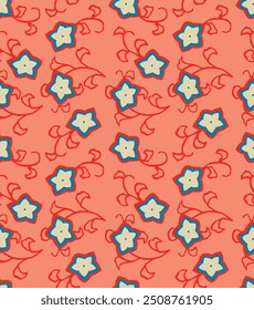 Japanese Star Flower Leaf Vine Vector Seamless Pattern