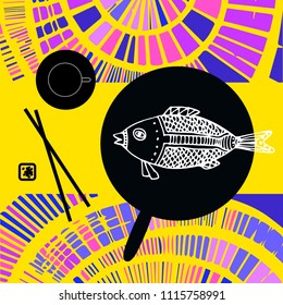 Japanese still life with fried fish, chopsticks and tea pairs on the bright decorative background. Flat design.