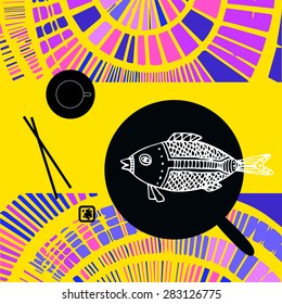 Japanese still life with fried fish, chopsticks and tea pairs on the bright decorative background. Flat design.