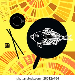 Japanese still life with fried fish, chopsticks and tea pairs on the bright decorative background. Flat design.