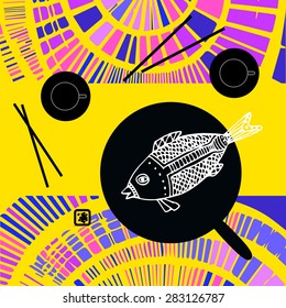 Japanese still life with fried fish, chopsticks and tea pairs on the bright decorative background. Flat design.