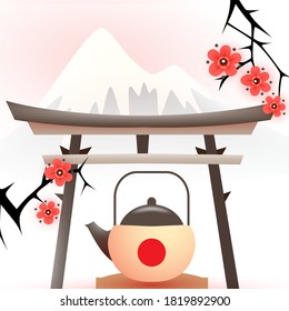 Japanese still life with teapot, sakura tree, Torii gate and Fuji mouintains. Symbols of traditional culture of Japan. Vector eps10 illustration.