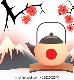 Japanese still life with teapot, sakura tree and Fuji mouintains. Symbols of traditional culture of Japan. Vector eps10 illustration.
