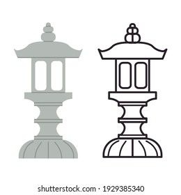 Japanische Steinlaterne einzeln auf Vektorgrafik. Traditionelles asiatisches Symbol, Kultur, buddhistisches Zeichendesign-Element. Outline-Straßenbeleuchtung, Gartendekoration im Cartoon-Stil.