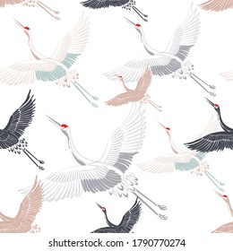 Japanese Stork Crane Vector Pattern. Oriental - Japanese -pattern. Crane, Stork, Heron. Flying Heron Bird. Repeat Vector Background.