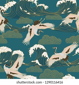 japanese storks in vintage style on Blue background. Oriental traditional painting. White stork. Japanese crane illustration. Japanese pattern