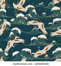 japanese storks in vintage style on green background. Oriental traditional painting. White stork. Japanese crane illustration. Japanese pattern