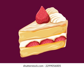 Japanese strawberry shortcake cream triangle sliced cake vector illustration isolated on dark pink horizontal background. Simple flat full colored sweet dessert food drawing.