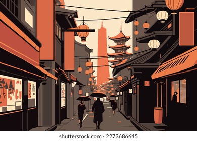 Japanese street, flat design illustration, 2d vector illustration, EPS 10.