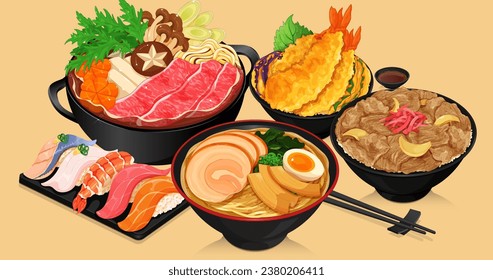 Vector de ilustración de restaurantes de comida callejera japoneses. Caricatura del menú de comida japonesa. Comida japonesa popular. (Ramen, Tendon, Gyudon, Sukiyaki Shabu Shabu, Sushi) Tempura bol de arroz. Menú de comida asiática.