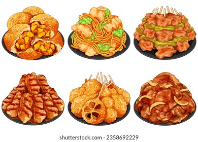 Japanese street food set menu illustration vector. (Yakisoba noodle, Yakitori grilled chicken, Buta no shogayaki, Japanese curry bread, Kushikatsu fried meat skewer, Japanese teriyaki chicken stir fry