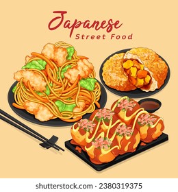 Japanese street food set menu illustration vector. (Takoyaki, Yakisoba noodles, Kare pan baked, Japanese curry bread) Japanese food cuisine banner drawing. Popular japanese food in cartoon anime. 