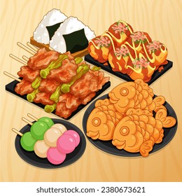 Japanese street food set menu illustration vector. (Taiyaki, Dango, Takoyaki, Yakitori, Onigiri sushi, Bungeo-ppang) Japanese food drawing. Popular japanese dessert. Fish shaped pastry korean.