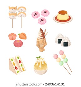 Japanisches Street Food Set. Shiba Inu Dango, Sakura Mochi, Purin, Nerikiri, Taiyaki Eis, Onigiri, Fruchtsando, Kakigori und Dango.