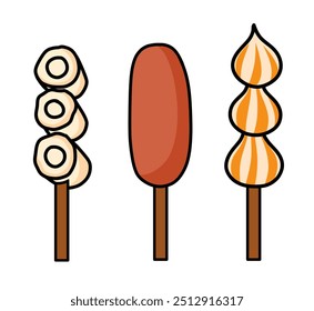 Comida callejera japonesa. Conjunto de Yakitori con pinchos diferentes. Chikuwa, salchichas, albóndigas. Comida rápida asiática. Ilustración vectorial