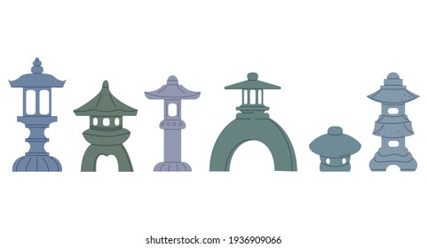 Japanese street lamp collection . Set of various traditional Asian lanterns. Garden Stone statue cartoon clipart.

