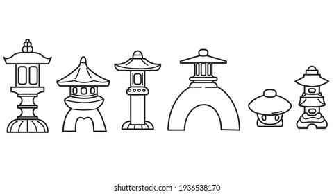 Japanese street lamp outline collection . Set of various contour traditional Asian lanterns. Garden Stone statue cartoon clipart.

