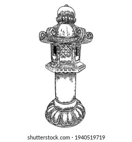 Japanese street lamp. Traditional Asian lantern. Garden stone lamp. Ancient Buddhist Toro light decoration replicating pagoda. Light basket or tower for garden ornaments in Japan. Vector.