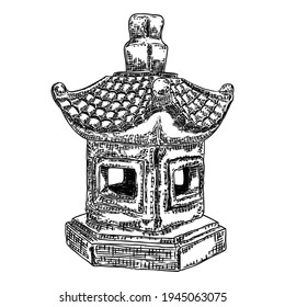 Japanese street lamp. Traditional Asian lantern. Garden stone lamp. Ancient Buddhist Toro light decoration replicating pagoda. Light basket or tower for garden ornaments in Japan. Vector.