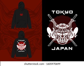 Japanese Streetwear Hoodie Design Oni Mask with Dual Samurai