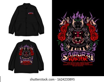 Japanese Streetwear Jacket with Samurai Warior Vector