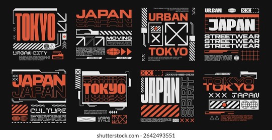 Conjunto de design de camisetas de rua japonesas, Conjunto gráfico urbano do japão, coleção de vetor de pôster de Tóquio, coleção de design de cultura do Japão, Pacotes de roupas geométricas para vestuário