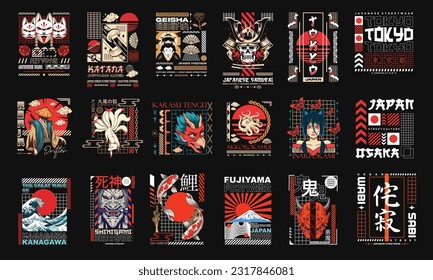 Japanese Streetwear T-shirt Designs Bundle,  Japan Culture T-shirt Artwork, Samurai Oni Mask Vector Illustration