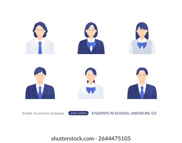 Japanese Student Icon Set — Cute High School and Junior High Half-Length Vector Illustration