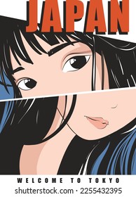 Ilustración vectorial de anime de estilo japonés. Se usan ojos grandes. El vector de una niña animada está incrustado en forma geométrica.