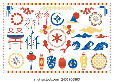 Estilo japonés. Diseño de icono asiático. Marco de verano de Japón. Tradición oriental. Fondo de adorno de flores. Ola de mar. Pescado koi. Signo de silueta de linterna china. Templo Torii. Decoración de Vector conjunto chillón