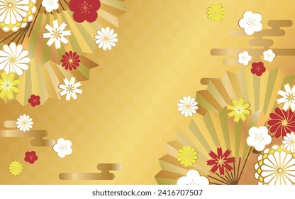 Japanese style back with checkered pattern decorated with clouds, flowers and fans