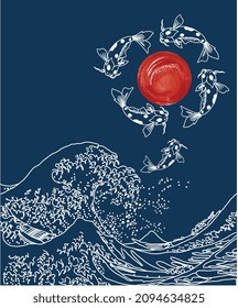 Japanese Style Background. Big wave and fishes on blue background