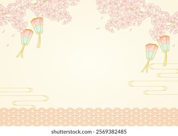 Japanese style background with cherry blossoms and lanterns