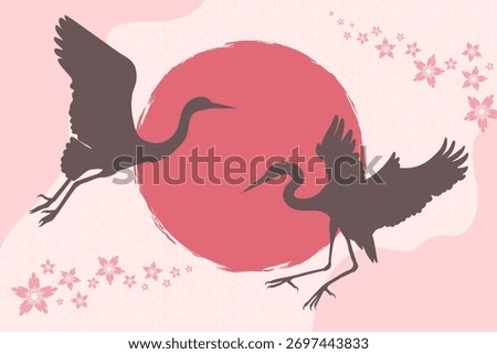 Japanese style background with flying cranes silhouettes on red sun background. Vector illustration