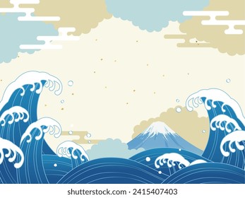 Japanese style background frame with waves, Mt. Fuji and clouds