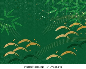 Japanese style background green with bamboo and Japanese pattern