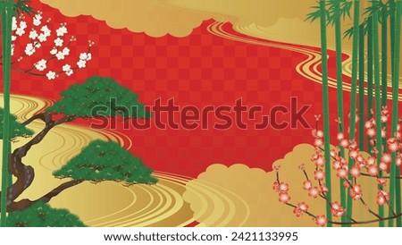 Japanese style background. Illustration  of pine, bamboo, plum, clouds and golden background
