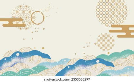 Japanese style background illustration with sea waves