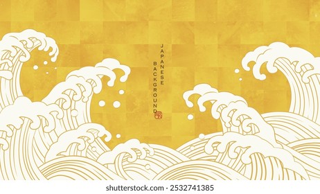 Ilustración de fondo de estilo japonés con salpicaduras de olas y pan de oro.