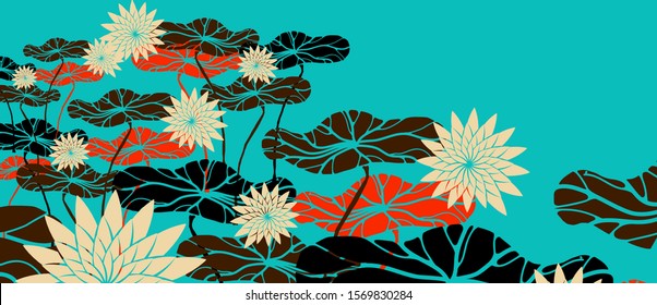 japanese style background with lotus pond pattern in blue brown shades