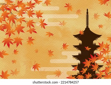 Japanese style background material of autumn leaves and five-storied pagoda