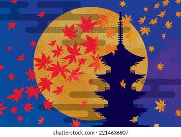 Japanese style background material of full moon, maple and five-storied pagoda
