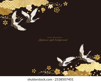 Japanese style background with modern Japanese crane and gold Japanese pattern