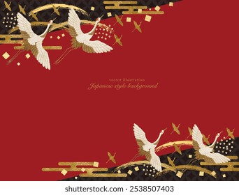 Japanese style background with modern Japanese crane and gold Japanese pattern