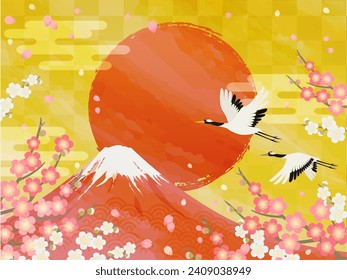 Japanese style background Mt. Fuji and the first sunrise, crane, plum