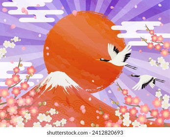 Japanese style background Mt. Fuji and the first sunrise, crane, plum