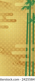 Japanese style background. Smartphone vertical vector illustration on golden background of green bamboo and haze